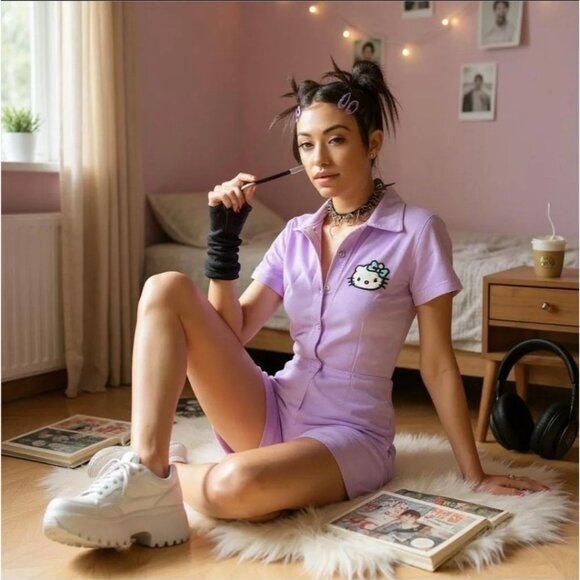 Sanrio ✦ Hello Kitty Lavender Romper ✦ Button-Up Cotton Softcore Alt-Glam NWOT S - Picture 4 of 7